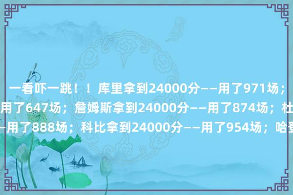 一看吓一跳!!库里拿到24000分——用了971场;乔丹拿到24000分——用了647场;詹姆斯拿到24000分——用了874场;杜兰特拿到24000分——用了888场;科比拿到24000分——用了954场;哈登拿到24000分——用了966场;安东尼拿到24000分——用了968场;威少拿到24000分——用了1066场;库里——场均24.7分;乔丹——场均37.1分;詹姆斯——场均27.5分;杜兰特——场均27.0分;科比——场均25.2分;哈登——场均24.8分;安东尼——场均24.8分;威少——场均22.5分;体育录像/图片